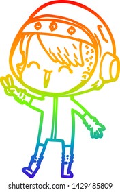 rainbow gradient line drawing of a happy cartoon space girl giving peace sign