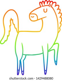 dibujo de una línea de gradiente de arco iris de un caballo de dibujos animados feliz