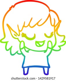 rainbow gradient line drawing of a happy cartoon elf girl