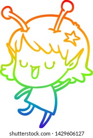 Regenbogen-Farbverlauf-Linie Zeichnung einer glücklichen außerirdischen Mädchen Cartoon lachen