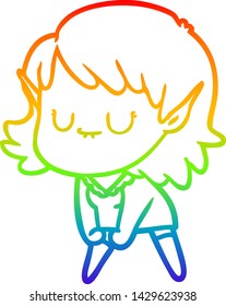 rainbow gradient line drawing of a happy cartoon elf girl posing