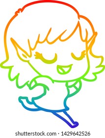 rainbow gradient line drawing of a happy cartoon elf girl running