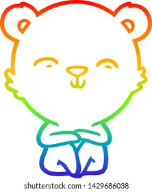 dibujo de una línea de gradiente de arco iris de un feliz oso de dibujos animados sentado