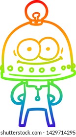 dibujo de una línea de gradiente arco iris de un robot de cartón feliz con bombilla