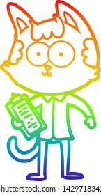 dibujo de una línea de degradado de arco iris de un feliz vendedor de dibujos animados gato