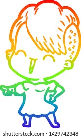 rainbow gradient line drawing of a happy cartoon hipster girl