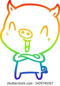 rainbow gradient line drawing of a happy cartoon pig