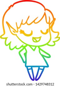 rainbow gradient line drawing of a happy cartoon elf girl