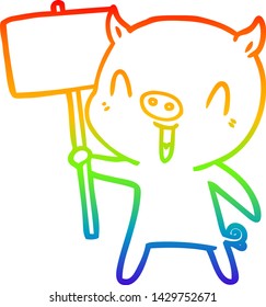 rainbow gradient line drawing of a happy cartoon pig with sign post