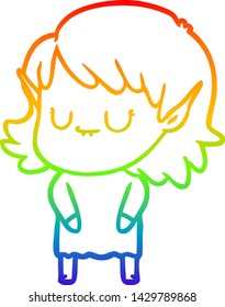 rainbow gradient line drawing of a happy cartoon elf girl