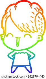 rainbow gradient line drawing of a happy cartoon hipster girl