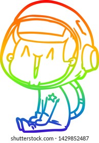 dibujo de una línea de gradiente de arco iris de un alegre astronauta de dibujos animados sentado