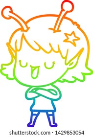 rainbow gradient line drawing of a happy alien girl cartoon