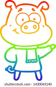 rainbow gradient line drawing of a happy cartoon pig wearing rainbow clothes