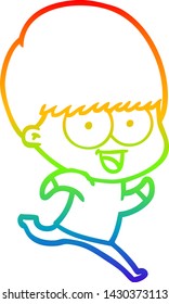 rainbow gradient line drawing of a happy cartoon boy running