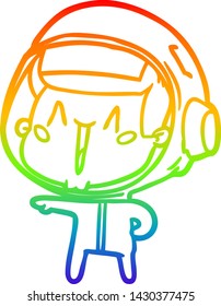 rainbow gradient line drawing of a happy cartoon astronaut pointing