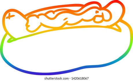 rainbow gradient line drawing of a hotdog with mustard and ketchup