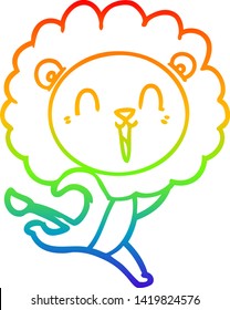 rainbow gradient line drawing of a laughing lion cartoon running