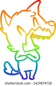 dibujo de una línea de gradiente arco iris de una caricatura de zorro risible