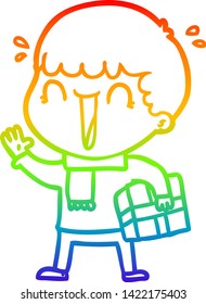 rainbow gradient line drawing of a laughing cartoon man with present