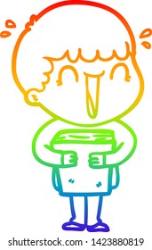 rainbow gradient line drawing of a laughing cartoon man holding book