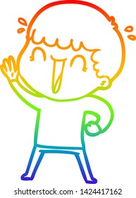 dibujo de una línea de gradiente de arco iris de un hombre de caricatura que se ríe ondeando