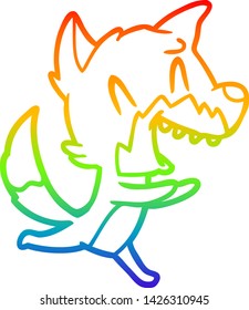 rainbow gradient line drawing of a laughing fox running away