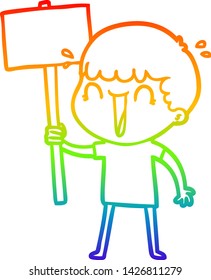 rainbow gradient line drawing of a laughing cartoon man waving placard