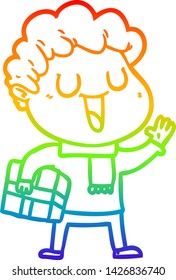 rainbow gradient line drawing of a laughing cartoon man with present