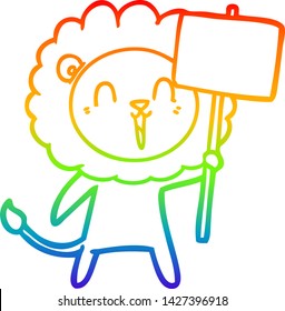rainbow gradient line drawing of a laughing lion cartoon with placard