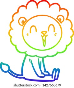 rainbow gradient line drawing of a laughing lion cartoon sitting