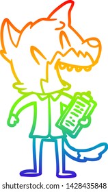 rainbow gradient line drawing of a laughing fox salesman