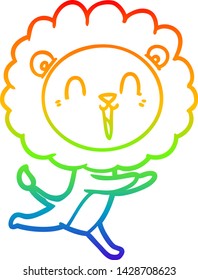 rainbow gradient line drawing of a laughing lion cartoon running