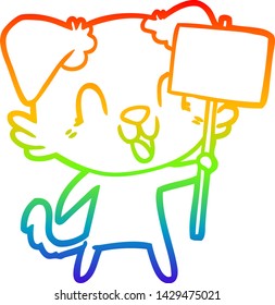 Regenbogengradientenzeichnung eines lachenden Cartoon-Hundes mit Schild