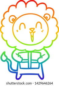 Regenbogen-Farbverlauf-Zeichnung eines lachenden Löwenkartoons mit Weihnachtsgeschenk