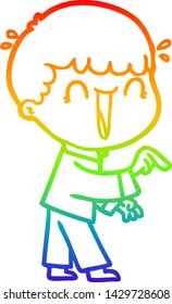 rainbow gradient line drawing of a laughing cartoon man pointing finger