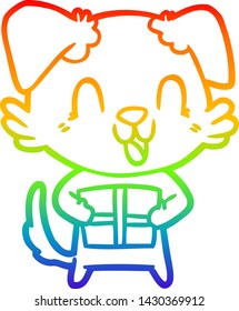 rainbow gradient line drawing of a laughing cartoon dog with christmas present