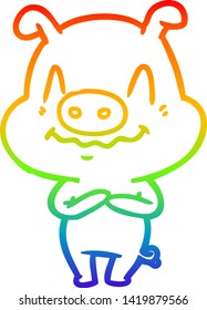 dibujo de la línea de gradiente del arco iris de un cerdo de dibujos animados nerviosos