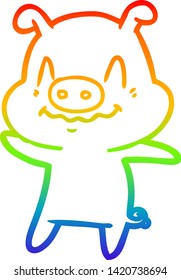 rainbow gradient line drawing of a nervous cartoon pig