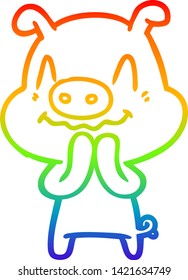 rainbow gradient line drawing of a nervous cartoon pig