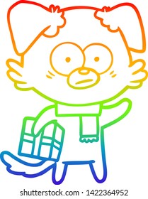 rainbow gradient line drawing of a nervous dog cartoon with gift