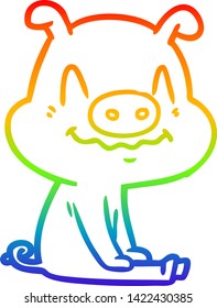 rainbow gradient line drawing of a nervous cartoon pig sitting