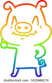 desenho de linha de gradiente do arco-íris de um porco de desenhos animados nervosos