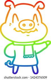 rainbow gradient line drawing of a nervous cartoon pig wearing scarf