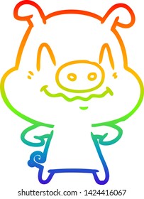 rainbow gradient line drawing of a nervous cartoon pig