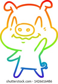rainbow gradient line drawing of a nervous cartoon pig waving