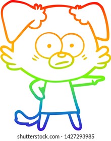 dibujo de una línea de gradiente de arco iris de un perro de dibujos animados nerviosos en el vestido señalando