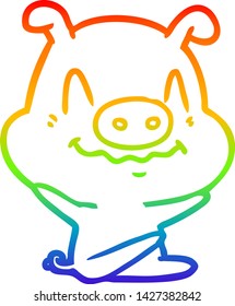 rainbow gradient line drawing of a nervous cartoon pig sitting