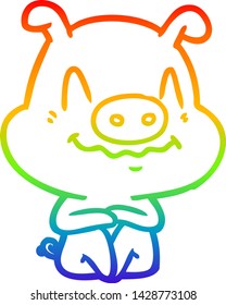 dibujo de la línea de gradiente del arco iris de un cerdo de dibujos animados nervioso sentado