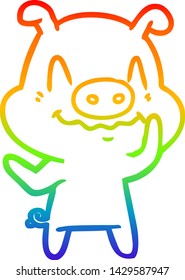 rainbow gradient line drawing of a nervous cartoon pig